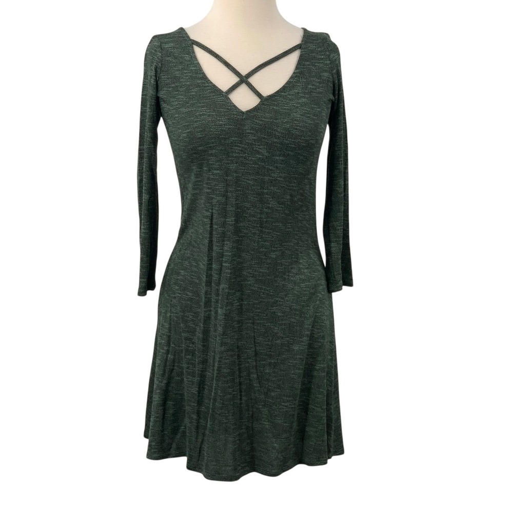 NWT Love Fire Women's 3/4 Sleeve Lattice Front Knit‎ Dress Green Size S